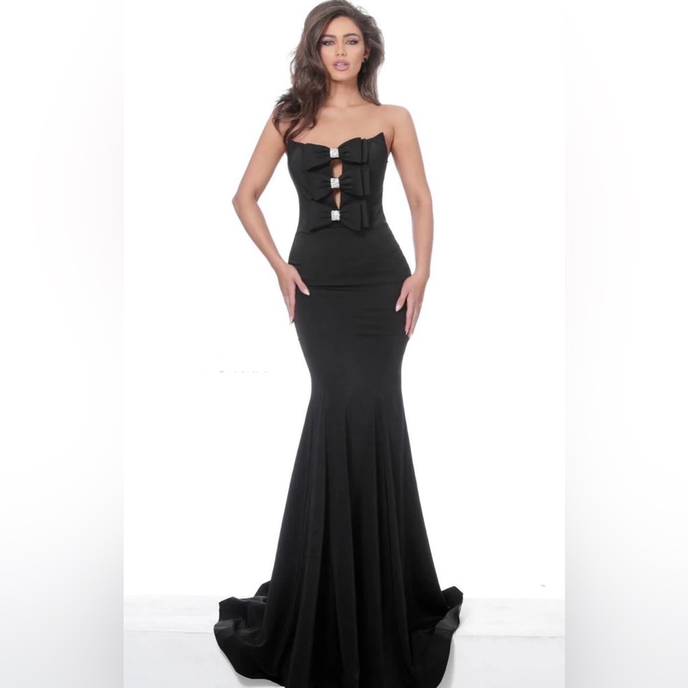 Jovani Black Strapless Mermaid Gown with Bow Embellishments